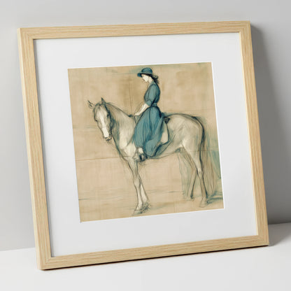 The Lady in Teal horse & rider art print in natural frame