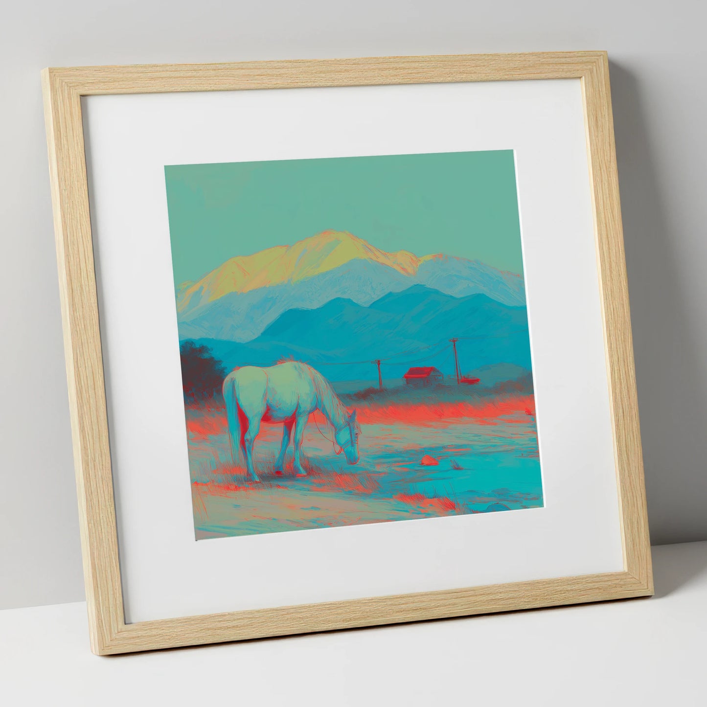 Electric Mountain Grazing horse landscape art print in natural frame