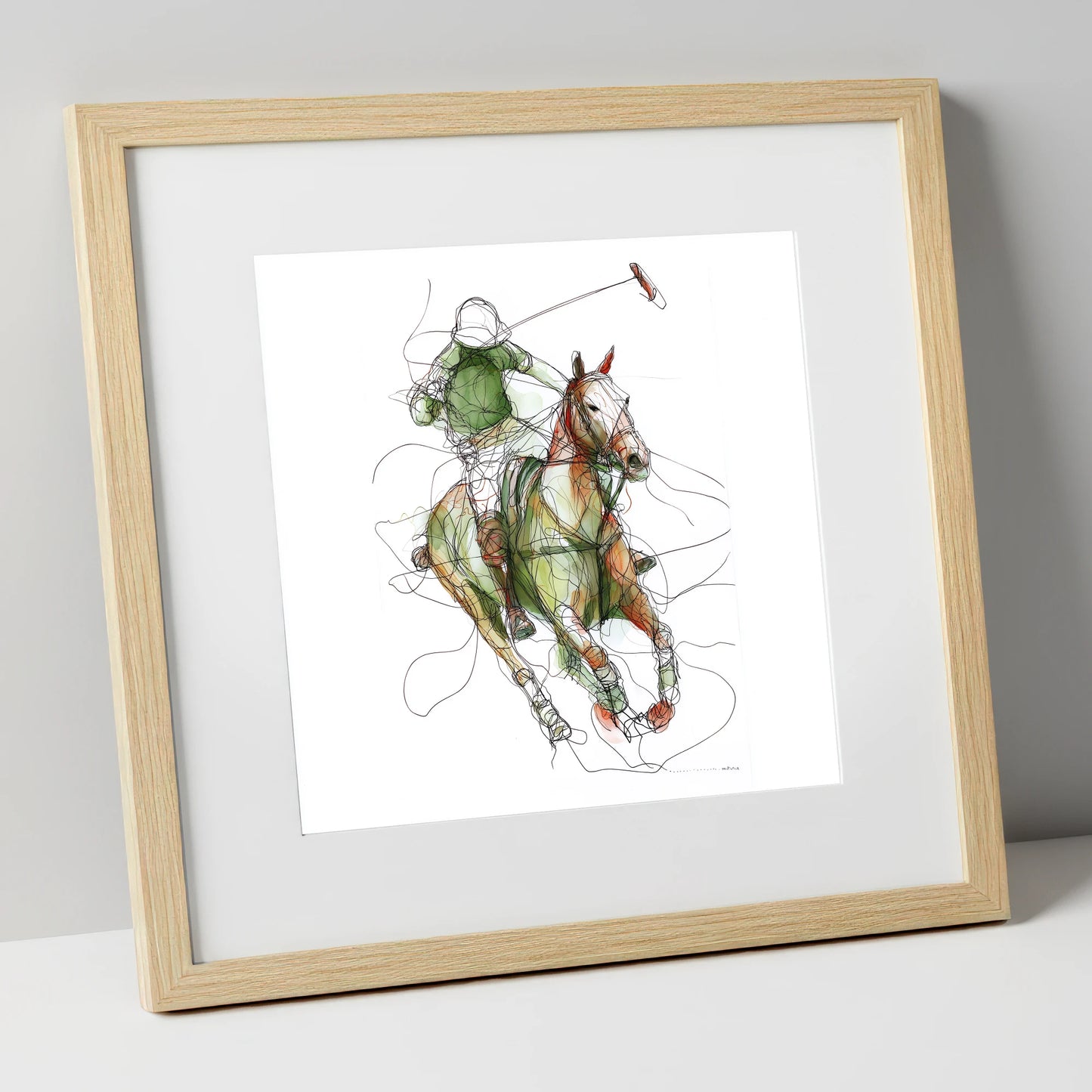 Kinetic Polo Strike polo horse art print in natural frame