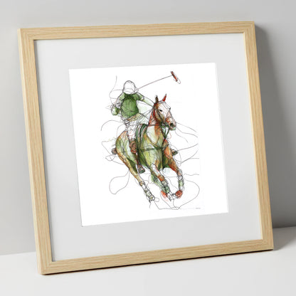Kinetic Polo Strike polo horse art print in natural frame