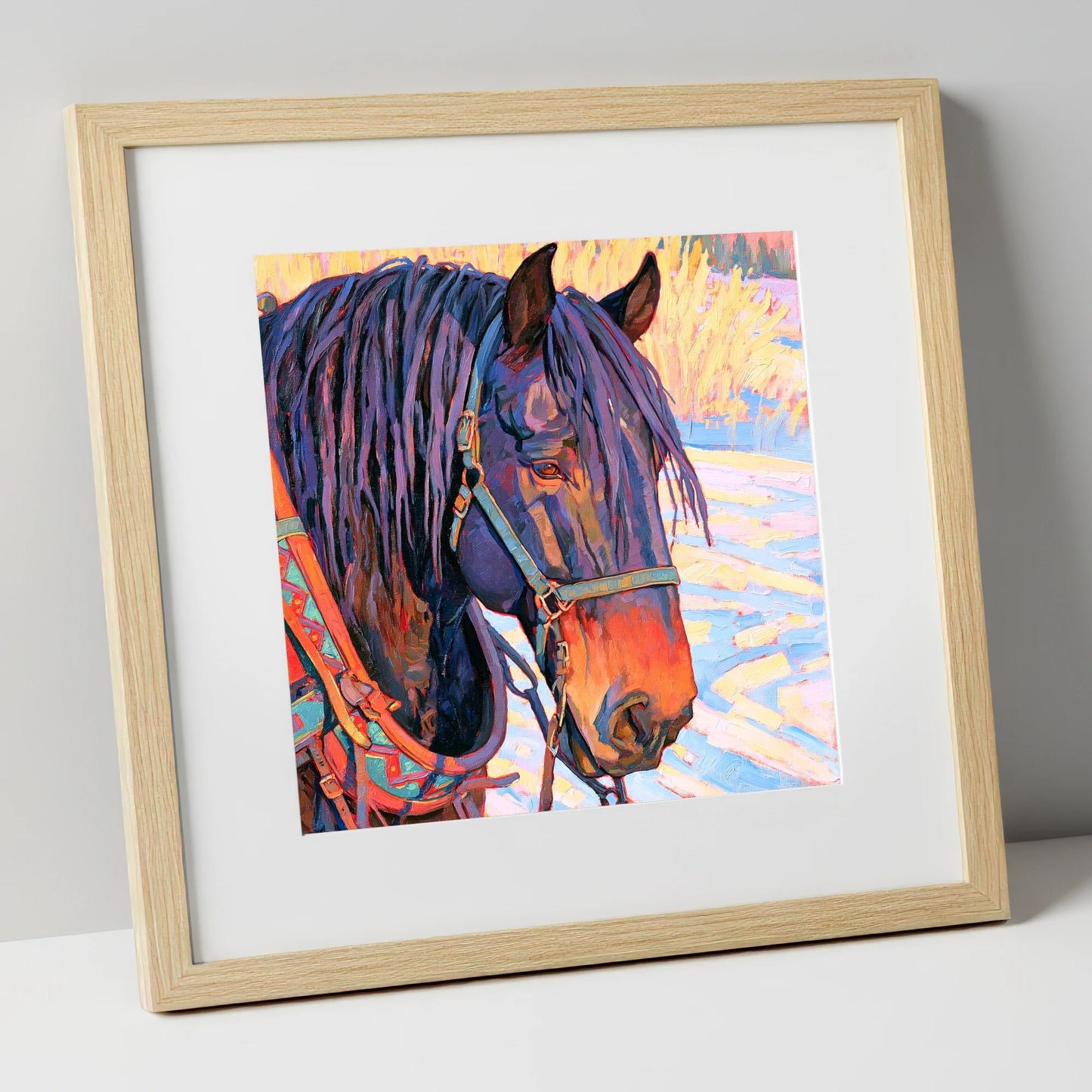 Vibrant Heavy Horse In Winter Light horse breed art print in natural frame