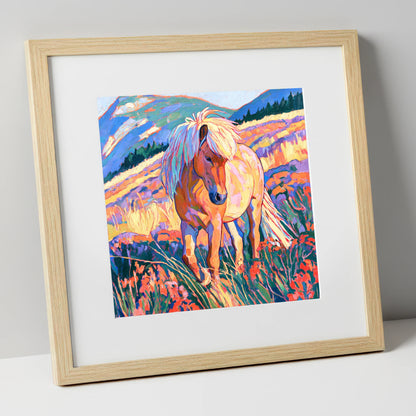 Fjord Horse in Vibrant Mountains horse breed art print in natural frame