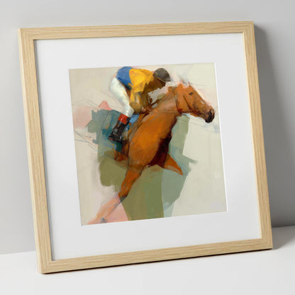 The Front Runner racing horse art print in natural frame