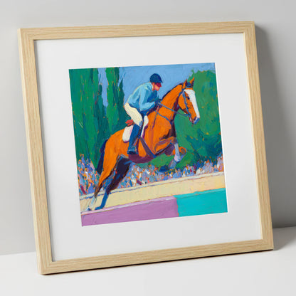 Bold Clear Round show jumping horse art print in natural frame