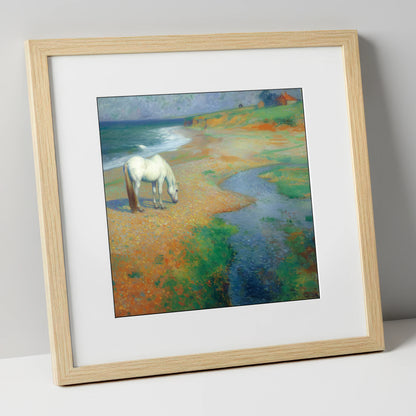 Vibrant Coastal Grazing horse landscape art print in natural frame