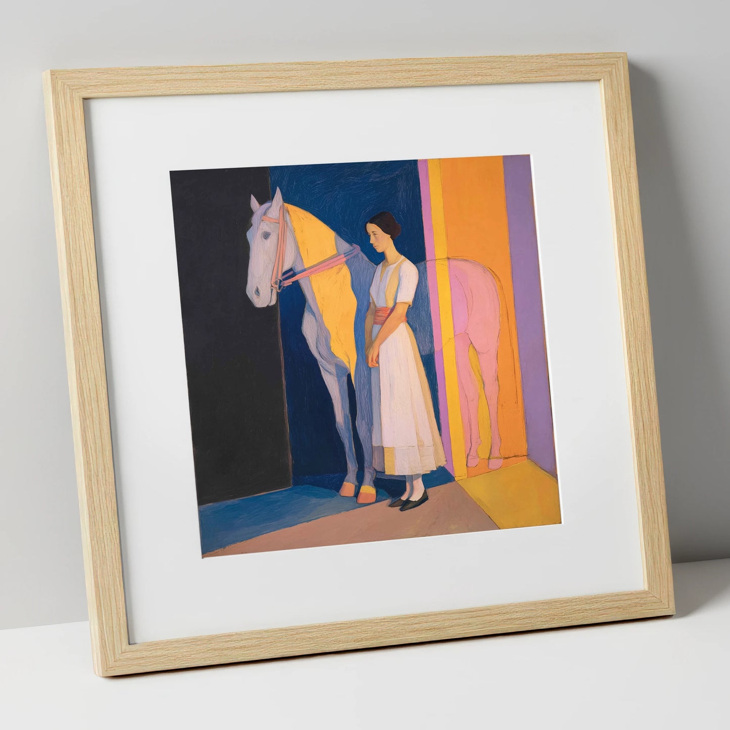 Modernist Equine Harmony horse & rider art print in natural frame