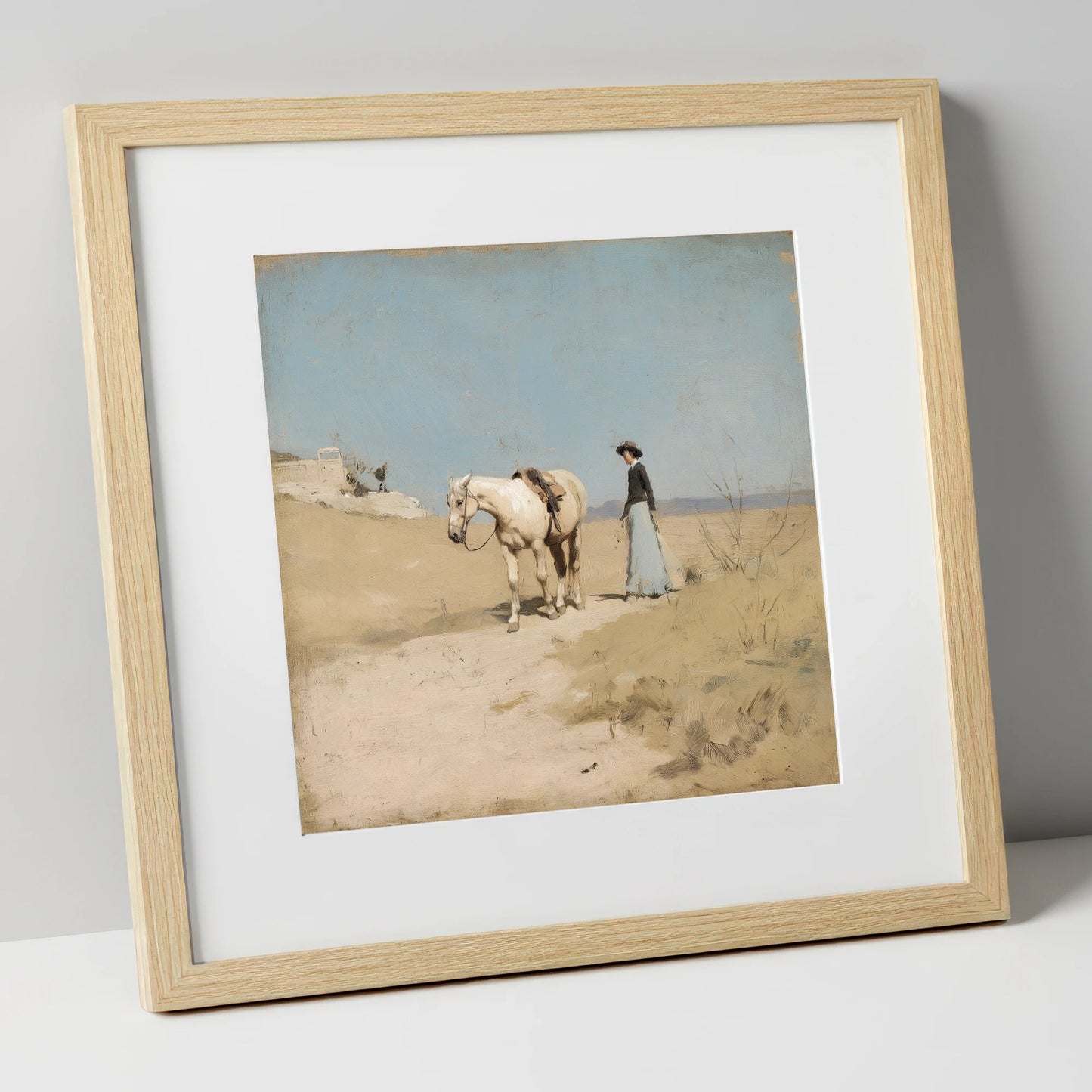The Long Ride Home horse & rider art print in natural frame