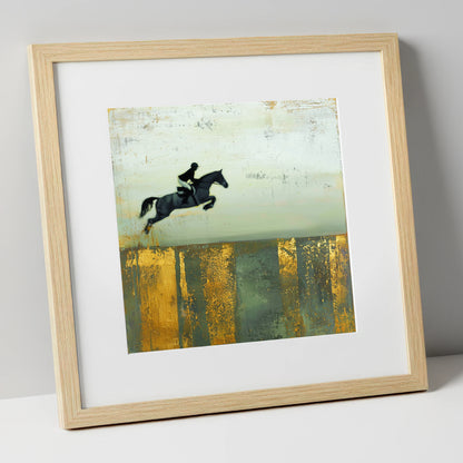 Flight Over Gold show jumping horse art print in natural frame