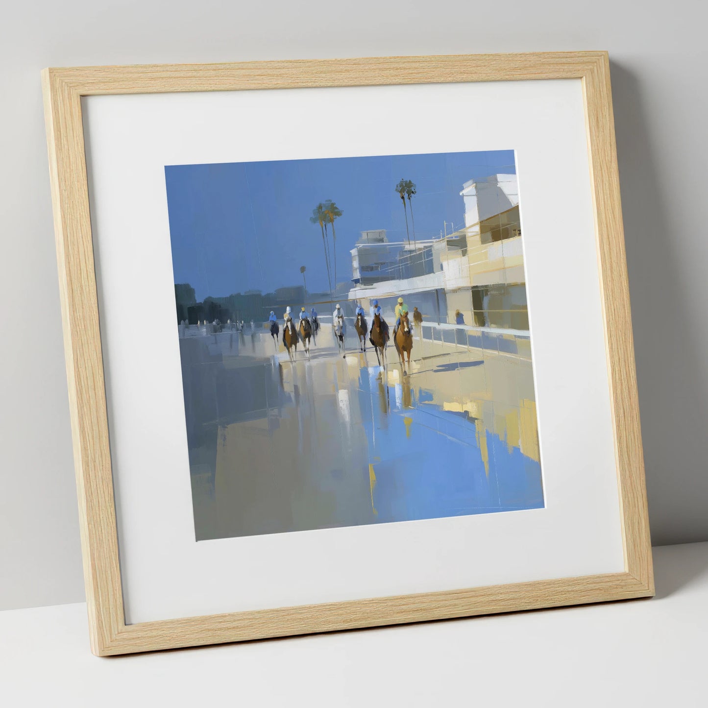 Race Day Reflections racing horse art print in natural frame