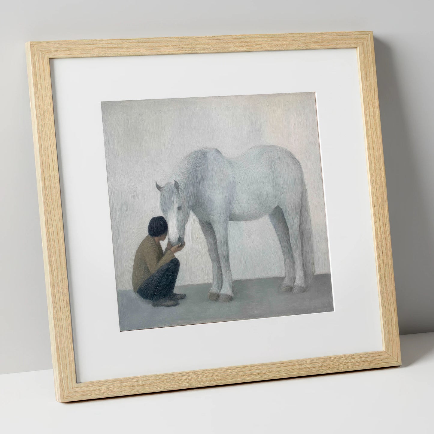 The Quiet Connection horse & rider art print in natural frame