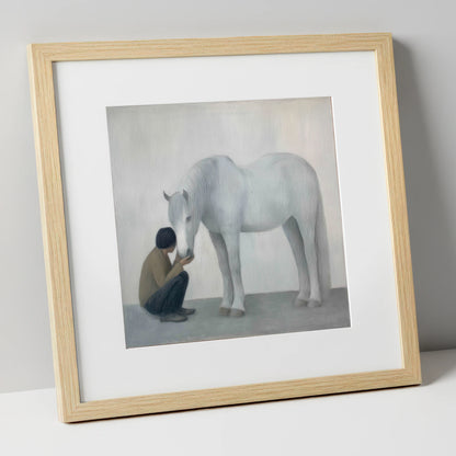 The Quiet Connection horse & rider art print in natural frame
