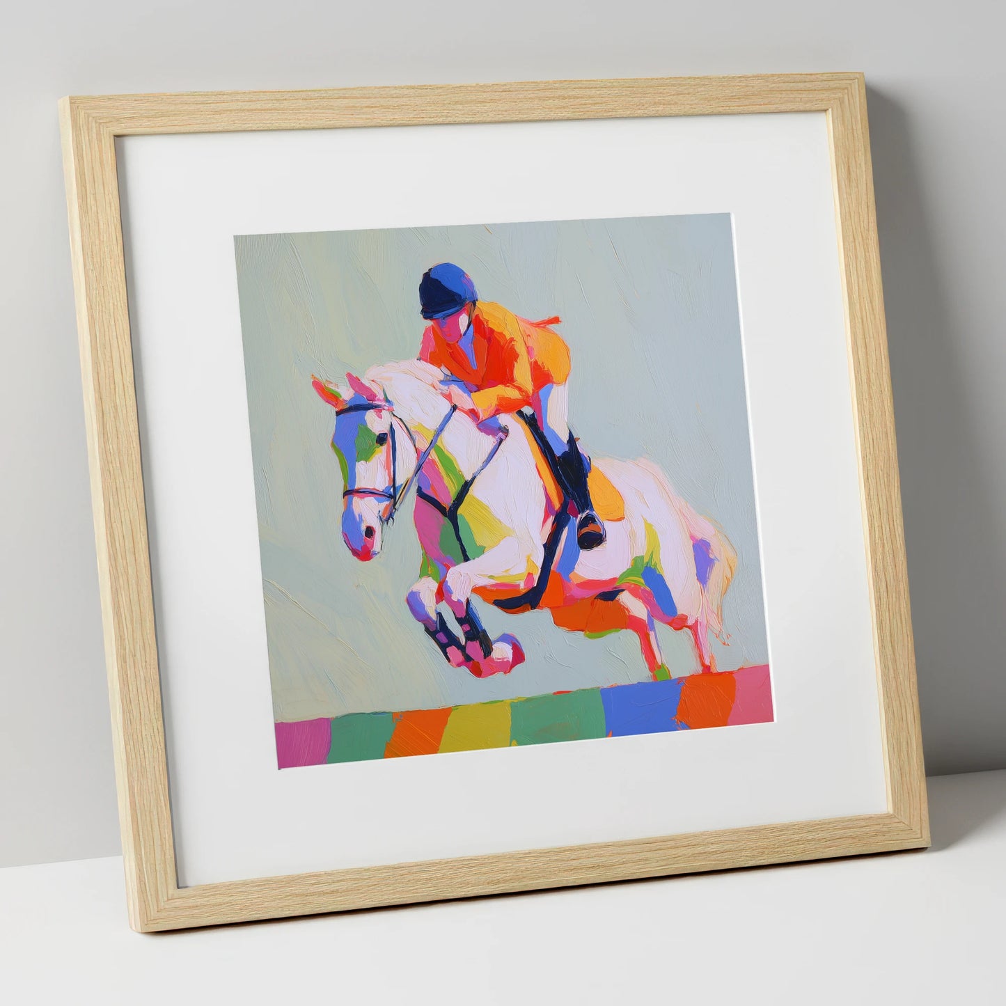 Technicolour Flight show jumping horse art print in natural frame