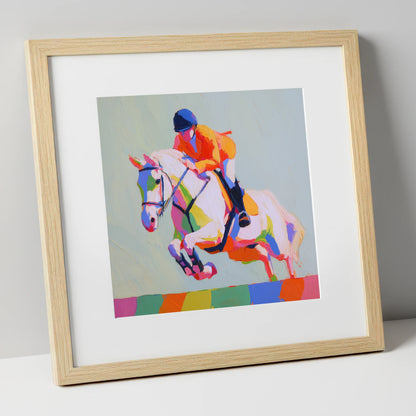 Technicolour Flight show jumping horse art print in natural frame