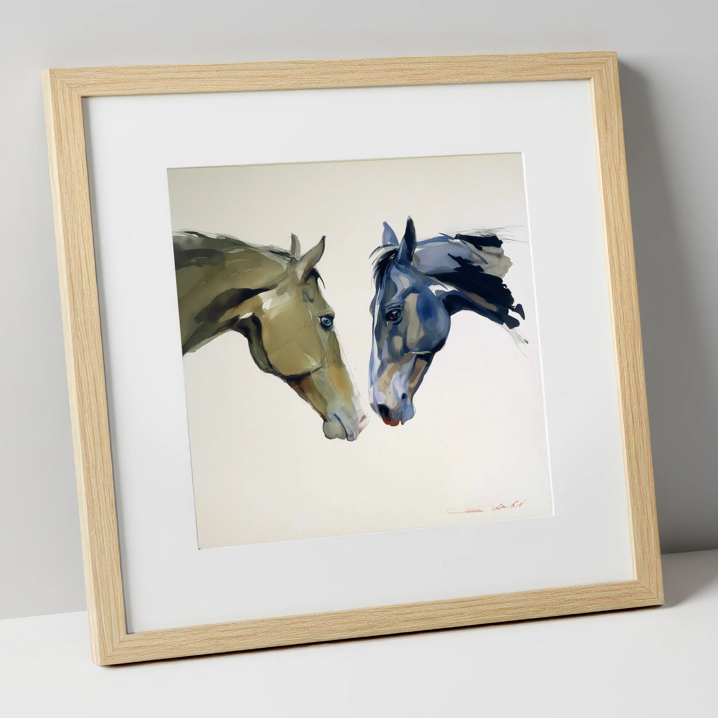 Kindred Spirits horse portrait art print in natural frame