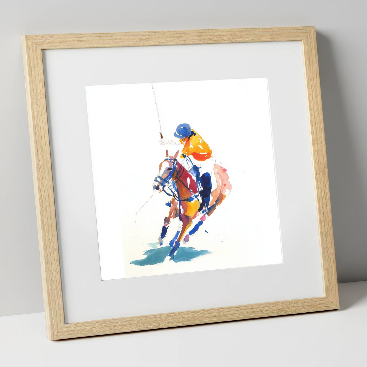 Dynamic Chukka polo horse art print in natural frame