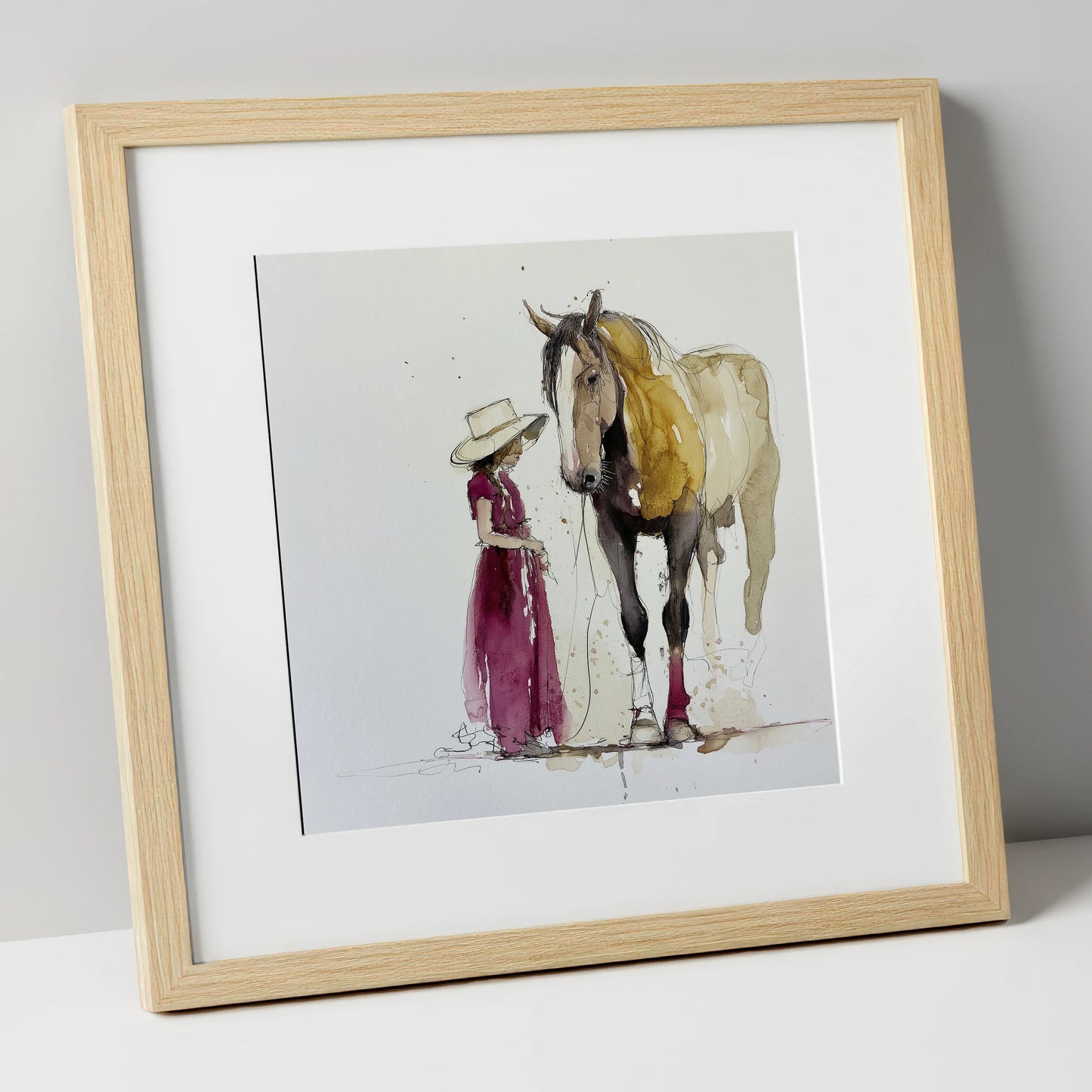 A Quiet Connection horse & rider art print in natural frame