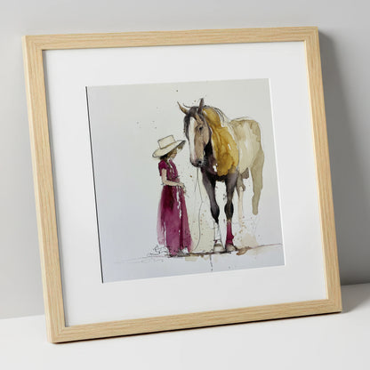 A Quiet Connection horse & rider art print in natural frame