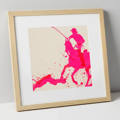 Vibrant Polo Strike polo horse art print in natural frame