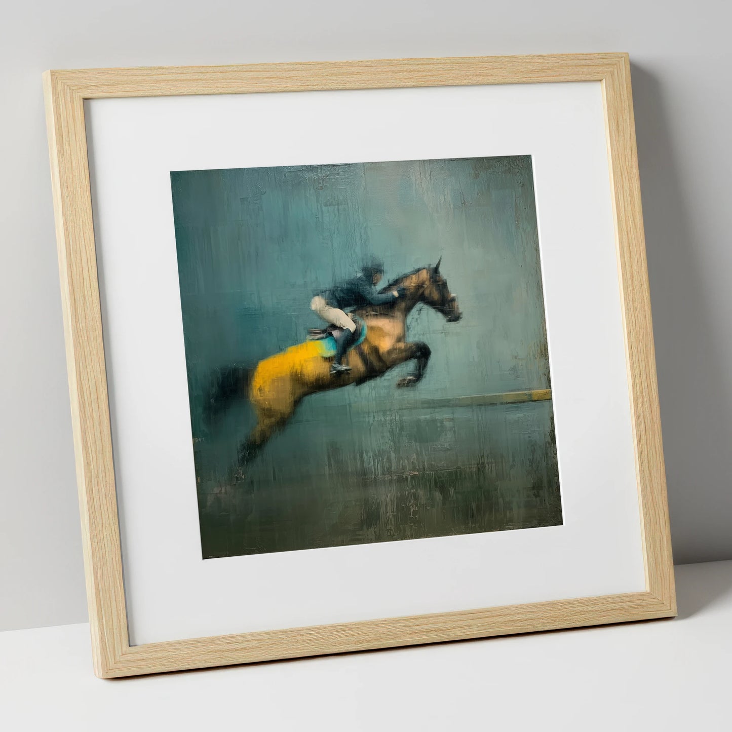 Suspended Energy show jumping horse art print in natural frame