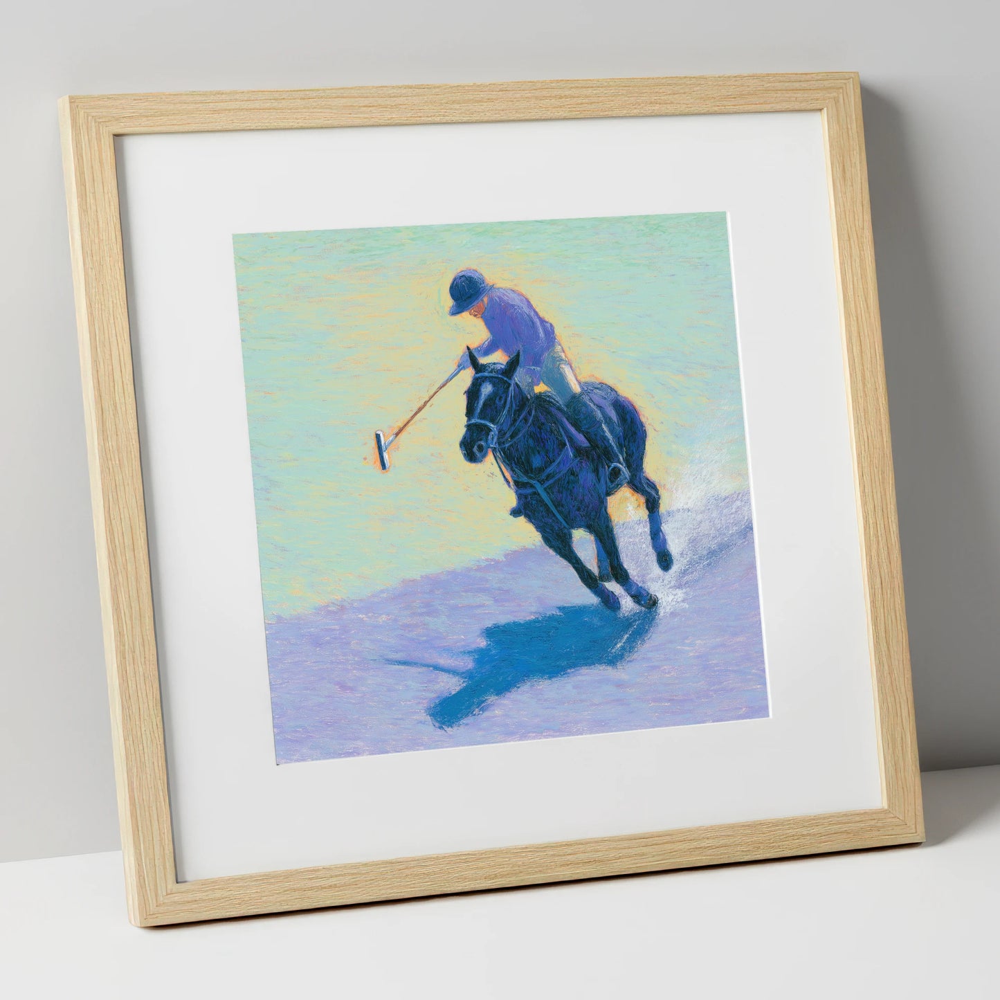 The Indigo Chukka polo horse art print in natural frame
