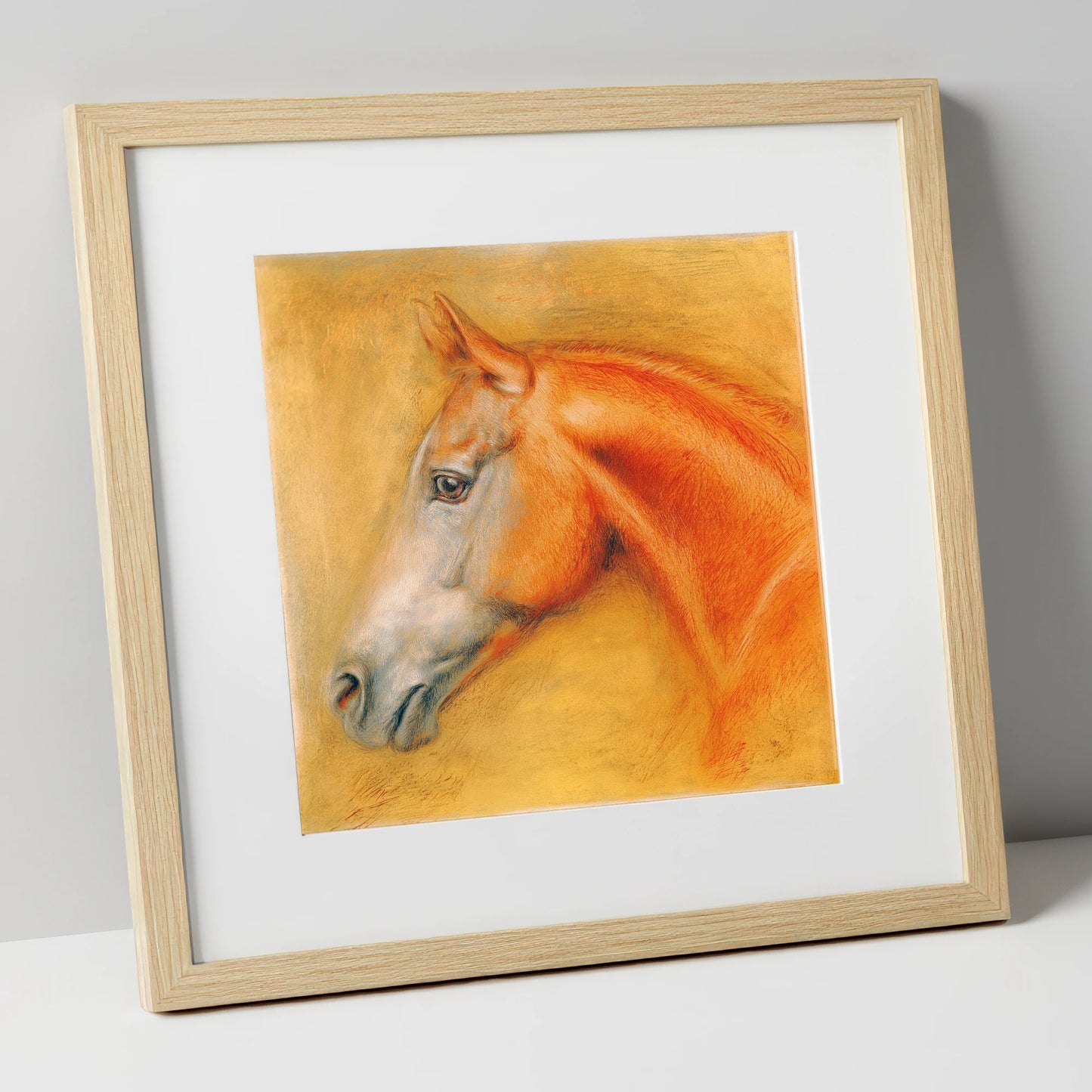 Radiant Chestnut Profile racing horse art print in natural frame