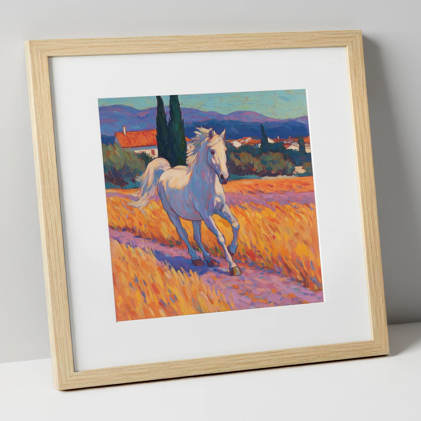 Sunlit Provincial Grey horse breed art print in natural frame