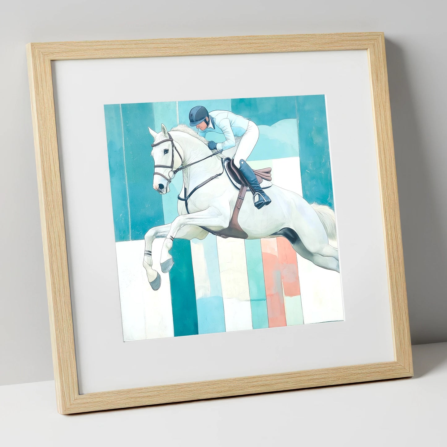 Aquamarine Ascent show jumping horse art print in natural frame