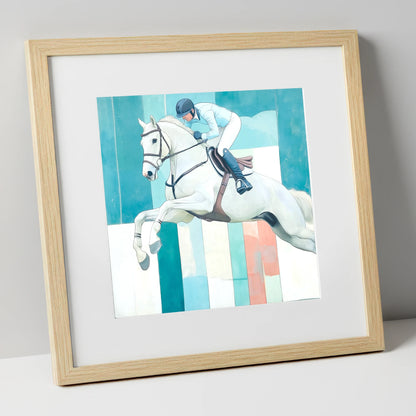 Aquamarine Ascent show jumping horse art print in natural frame
