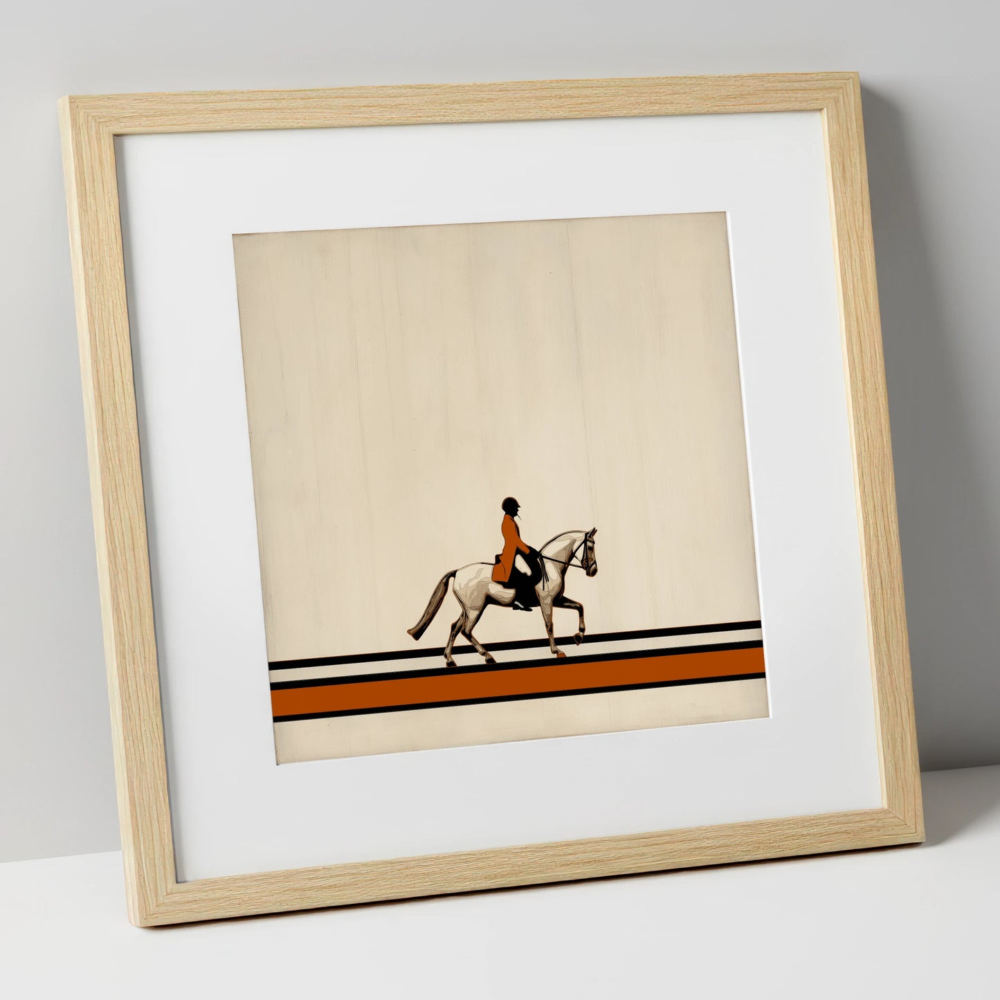 Precision in Burnt Orange dressage horse art print in natural frame
