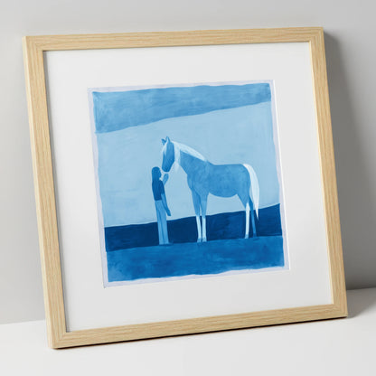 Cerulean Bond horse & rider art print in natural frame