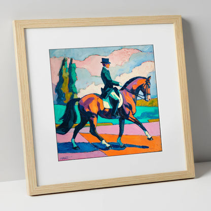Vibrant Dressage Rhythm dressage horse art print in natural frame