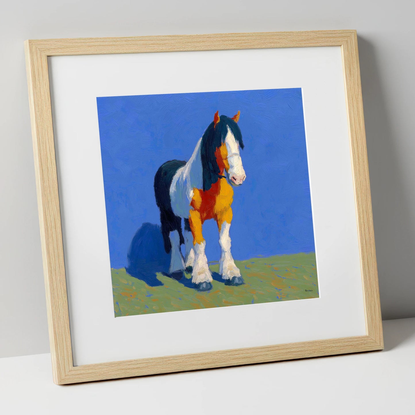 Sunlit Coloured Cob horse breed art print in natural frame