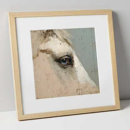 The Watchful Grey horse portrait art print in natural frame