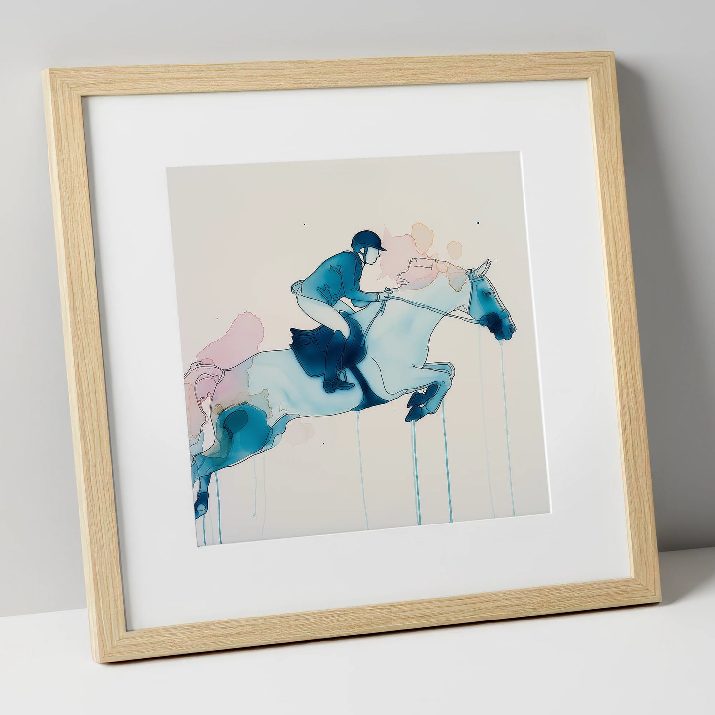 Cerulean Flight show jumping horse art print in natural frame