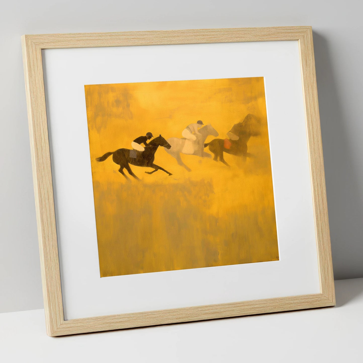 Golden Dust Runners racing horse art print in natural frame