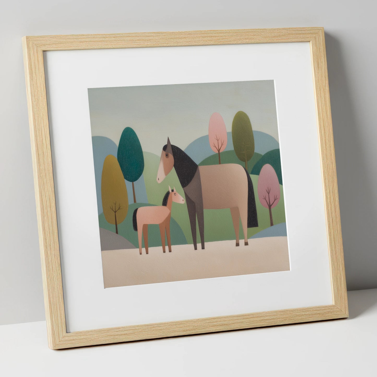 Pastoral Harmony mare & foal art print in natural frame