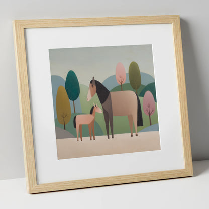Pastoral Harmony mare & foal art print in natural frame