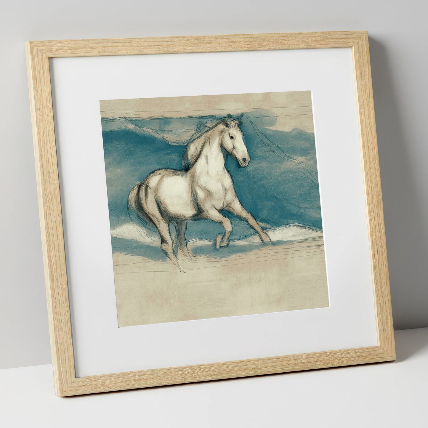 Ethereal Grey Canter horse portrait art print in natural frame