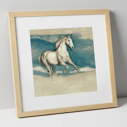 Ethereal Grey Canter horse portrait art print in natural frame