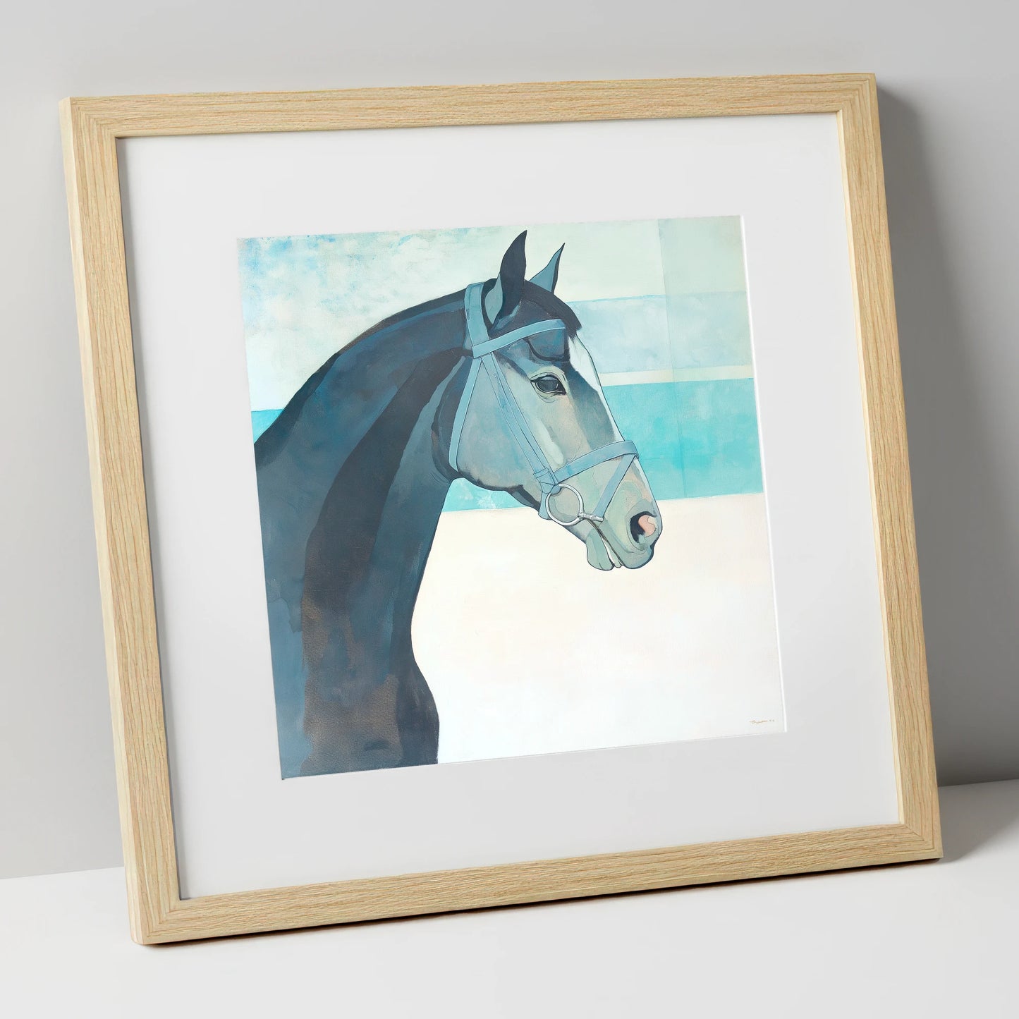 Serene Aquamarine Profile racing horse art print in natural frame