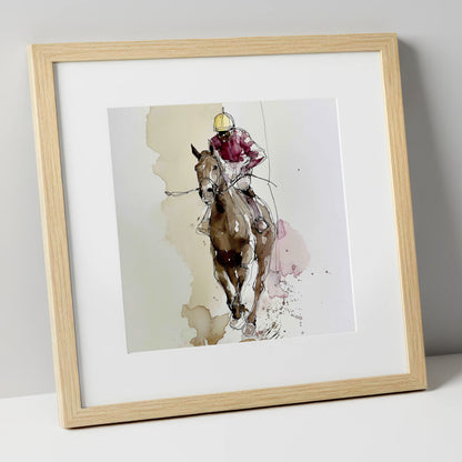 Furlong Flow in Burgundy racing horse art print in natural frame