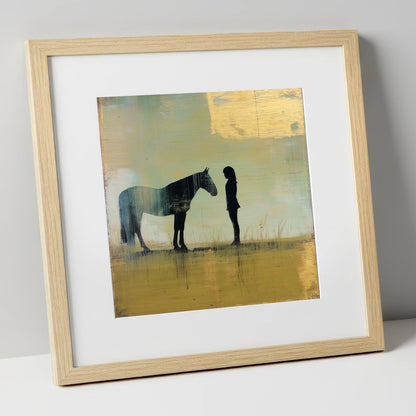 Silent Communion horse & rider art print in natural frame