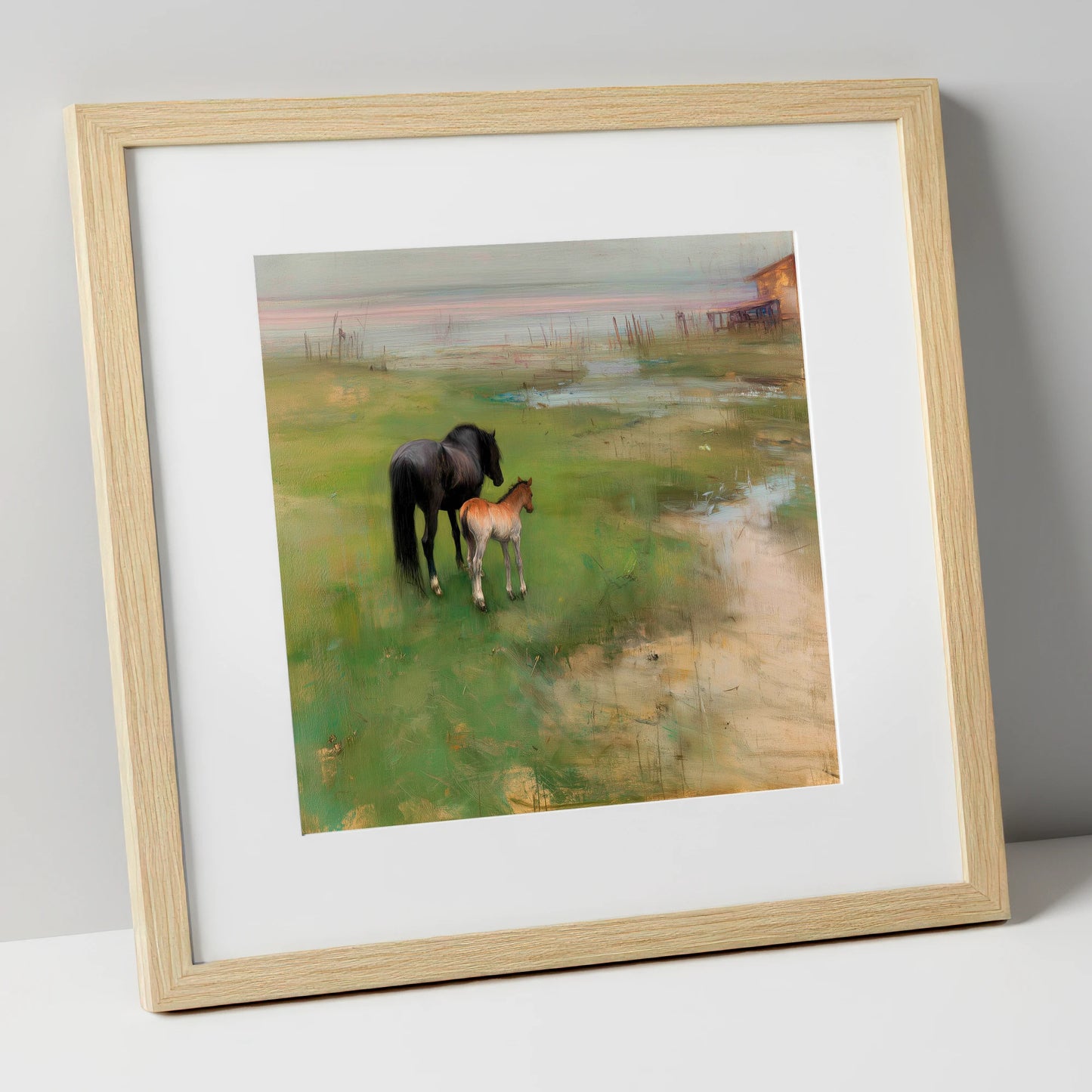 Morning on the Marsh mare & foal art print in natural frame