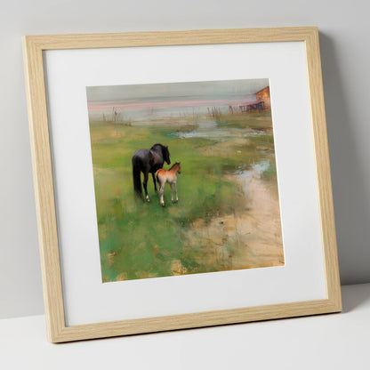 Morning on the Marsh mare & foal art print in natural frame