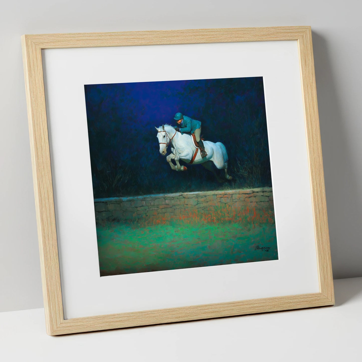 Moonlit Flight show jumping horse art print in natural frame