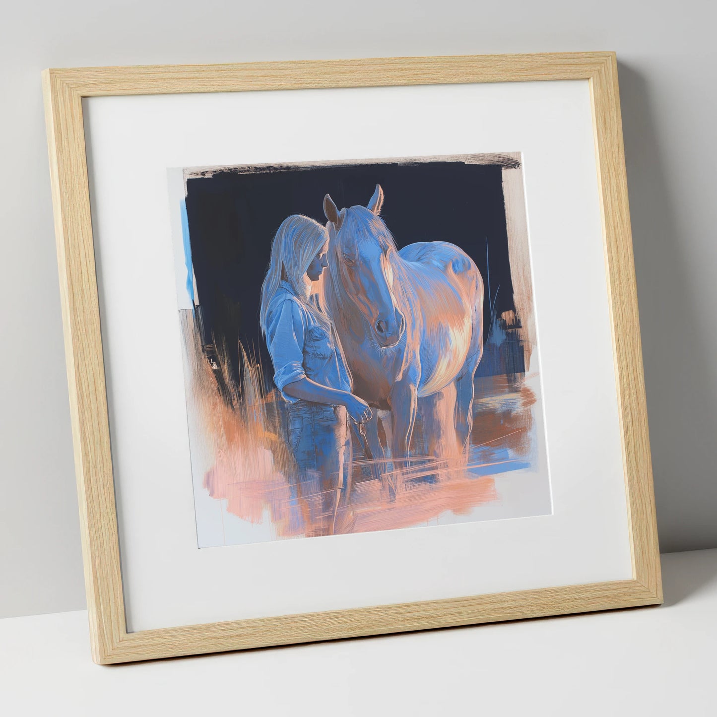A Quiet Understanding horse & rider art print in natural frame