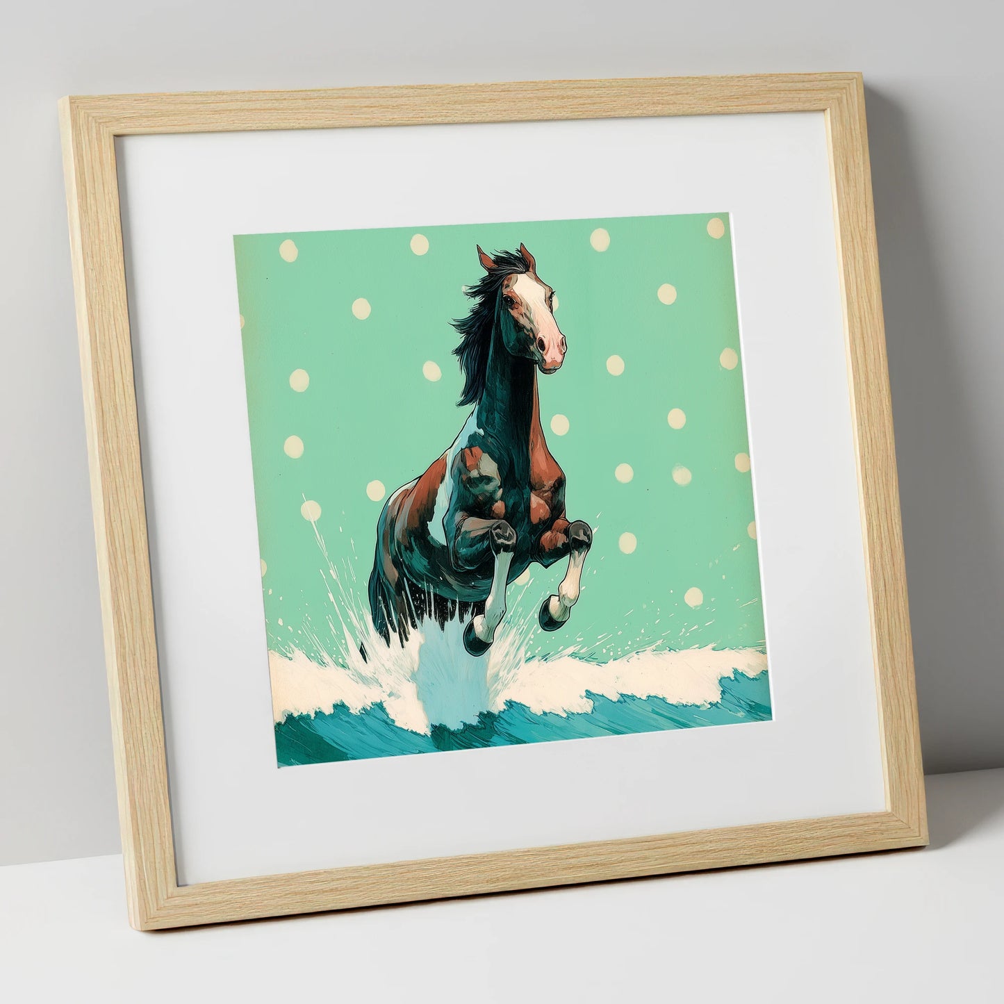 Graphic Ocean Surge beach horse art print in natural frame