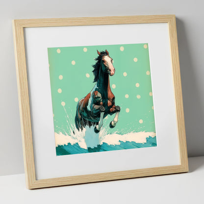 Graphic Ocean Surge beach horse art print in natural frame