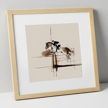 Clearing the Vertical show jumping horse art print in natural frame