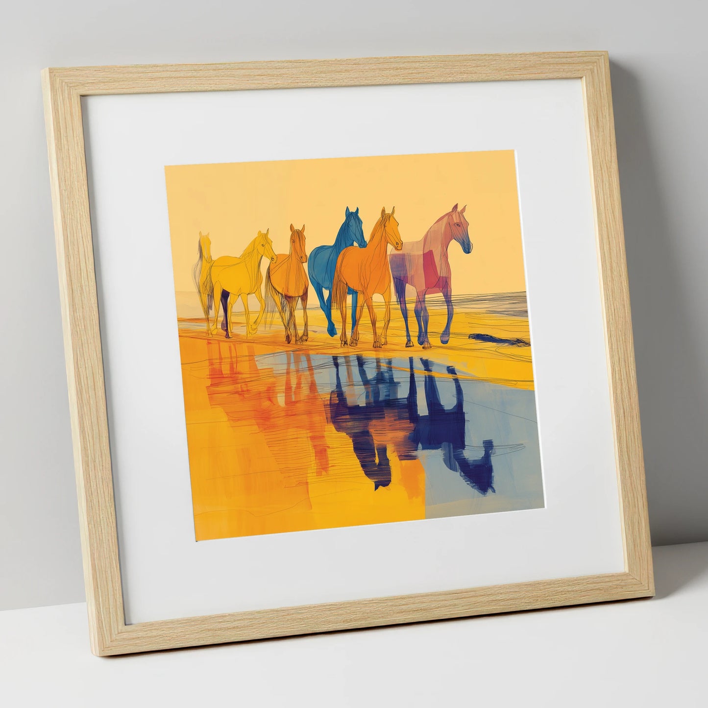 Vivid Equine Reflections horse landscape art print in natural frame